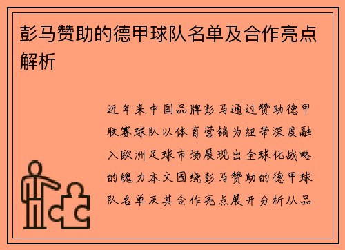 彭马赞助的德甲球队名单及合作亮点解析